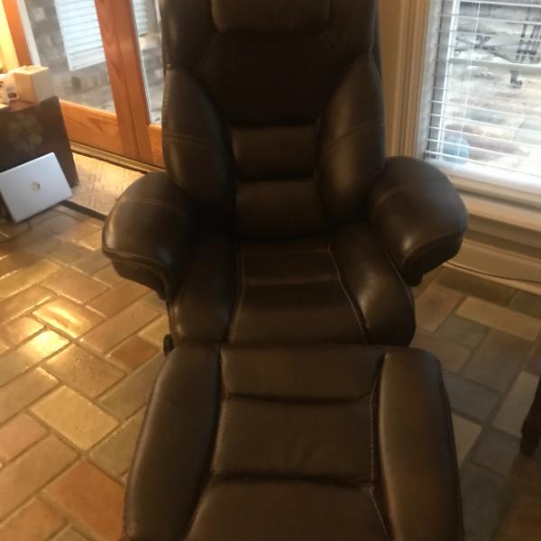 Photo of Brown Leather Recliner with footstool