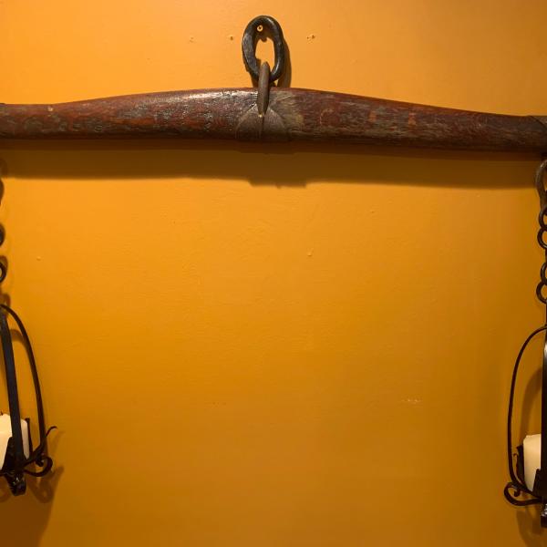 Photo of Vintage 34”L Farm yoke with 2 vintage wrought iron candle holder !