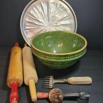 Lot 242: Vintage Mixing Bowl, Rolling Pins, and More