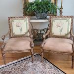 Lot 232: Pair of Microfiber/Tapestry Carved Leg Accent Chairs