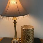 Lot 340: Vintage Filigree Metal Trash Can and Gold Lamp