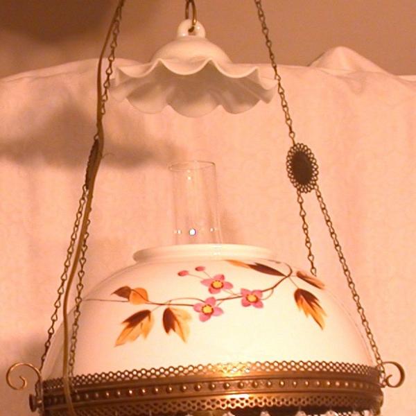 Photo of ANTIQUE MILK GLASS SWAG GONE WITH THE WIND HURRICANE LAMP DOGWOOD & CRYSTALS