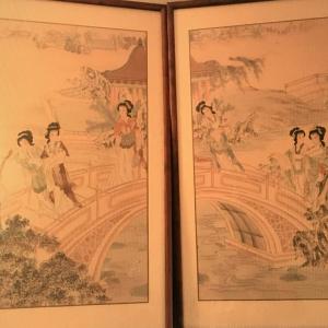 Photo of Two (2) Large Framed Oriental Prints, Geisha's Crossing the Bridge