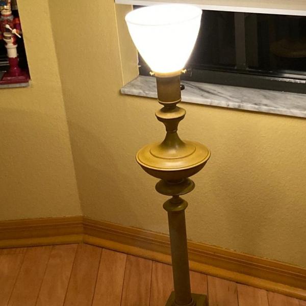 Photo of Vintage Lamp. - Toleware  Mustard Yellow Metal Floor lamp with glass uplighter