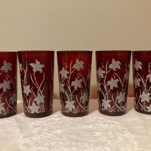 Photo of 5 Ruby Red glasses with white flowers 4 3/4" tall