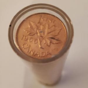 Photo of Roll of Brilliant Uncirculated 1966 Canada Canadian One Cent Pennies Coins Free 