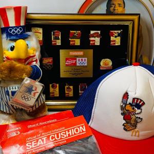 Photo of Lot 475: Olympic Memorabilia: Framed Phar Mor Collector Pins, McDonald's Hat & T