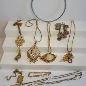 Photo of Lot J8: Vintage Gold Tone Jewelry: Cameo, Large Chunky Pendants and More