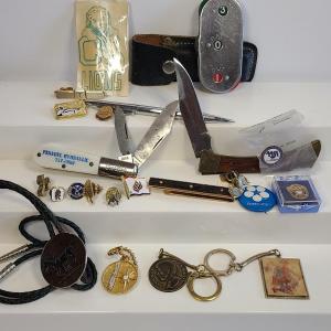 Photo of Lot J3: Mens Drawer Vintage Finds: Pocket Knives, Bolo Tie, Baseball Counter and