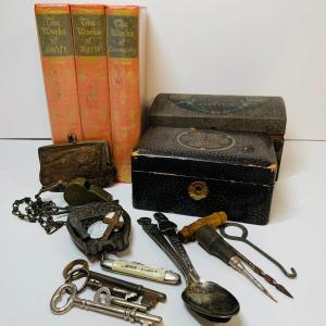 Photo of Lot 464: Vintage Keys, Books, Boxes, Brass Whistle & More