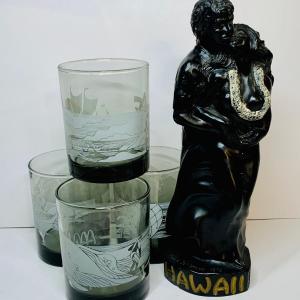 Photo of Lot 438:  Vintage Black Coral Sculpture: "Pilialoha" & McDonald's  Hawaii Glasse