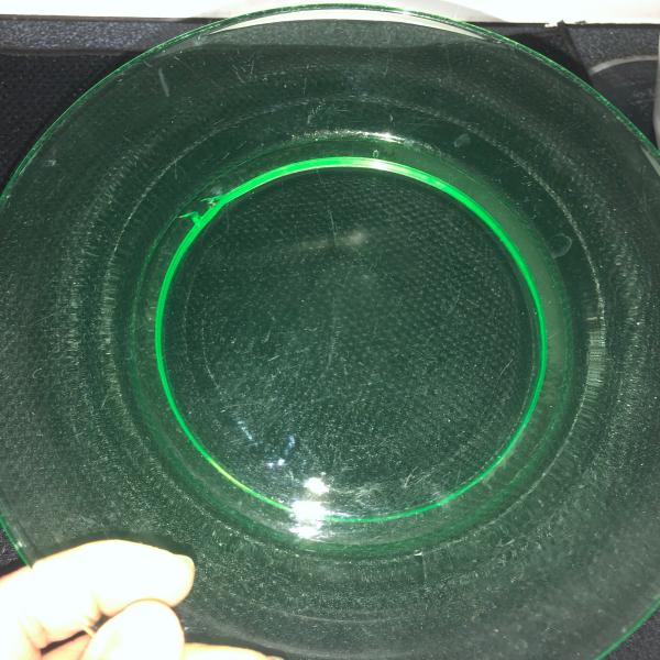 Photo of 12 Uranium, green glass 7.5” dishes / vaseline glass plates