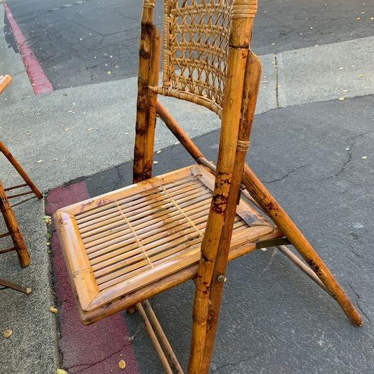 Photo of Antique Folding Table & 4 Chairs - Burnt Bamboo & Woven Rattan 