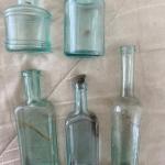 5 Vintage Green Glass Bottles 
