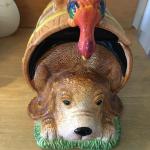 Dog in a barrel cookie jar with rooster