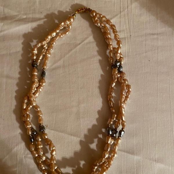Photo of Vintage iridescent and onyx triple strand freshwater pearl necklace