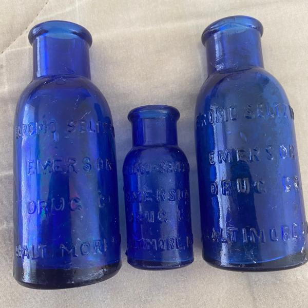 Photo of 4 Colbalt Blue Bromo Seltzer Bottles 