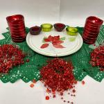 Ceramic Platter and other table decor - beads, electric candles, glass votive ho