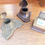 Brass & Cast Heavy Antique Inkwells Ink Well Lot With Inserts
