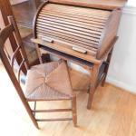 Childs Size Antique Oak Roll Top Desk w/ Ladder Back Rush Seat