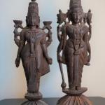 PAIR OF ANTIQUE ASIAN CARVED WOOD FIGURINES 9" FINIALS