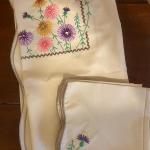 Linen  & Hand Embroidered Square Tablecloth & Napkins Set ~ Scalloped ,Finished 