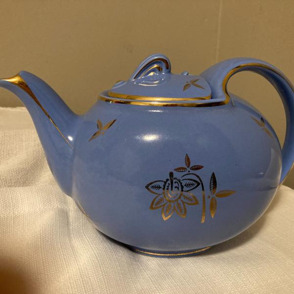 Photo of Vintage Hall teapot 0749 cadet blue gold trim hook lid  8 cup