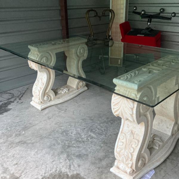 Photo of Antique-Ivory, Dual Stone Pedestals with Glass Top Table