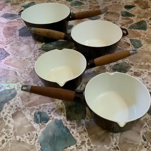 Photo of Vintage (1970s) set of brown Copco cast iron enameled cooking pots