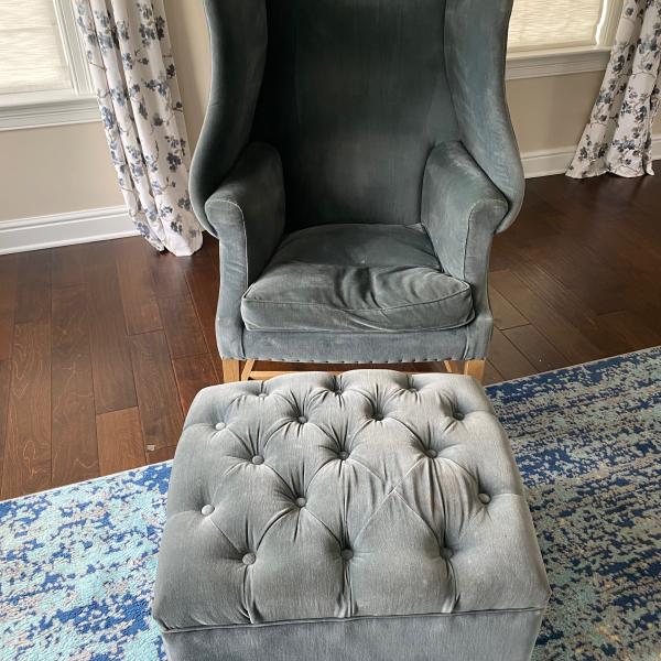 Photo of Blue grey velvet RH chair and ottoman