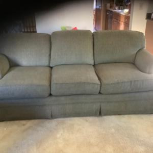 Photo of 84" green w/gold tweed sofa with 2 gold sofa pillows (not shown)