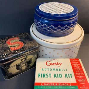 Photo of LOT R135:  Vintage Curity Automobile First Aid Kit & Collectible Tins