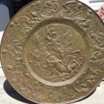 Antique Repousse Brass Wall Plaque 'Knights in Battle' - 38 1/4 " diameter