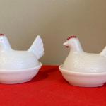 Lot of 2 Chicken Hen on Nest, milk glass, 4 1/2" long, 4" tall red comb