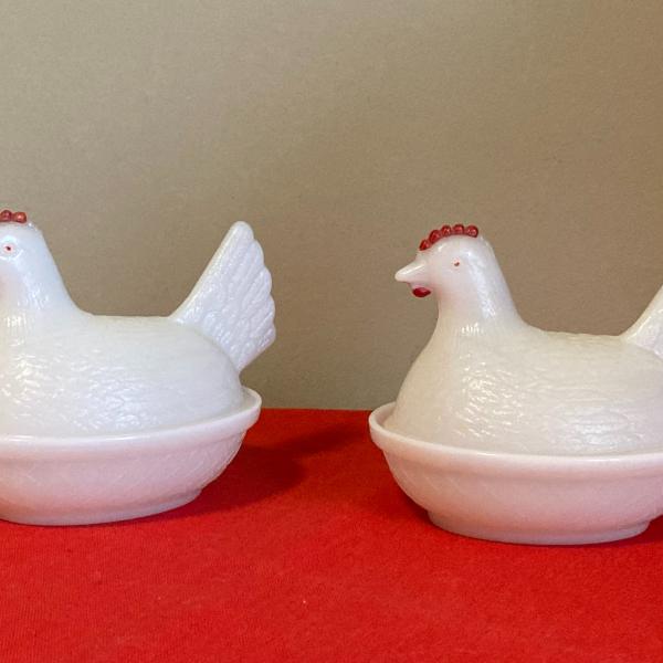 Photo of Lot of 2 Chicken Hen on Nest, milk glass, 4 1/2" long, 4" tall red comb