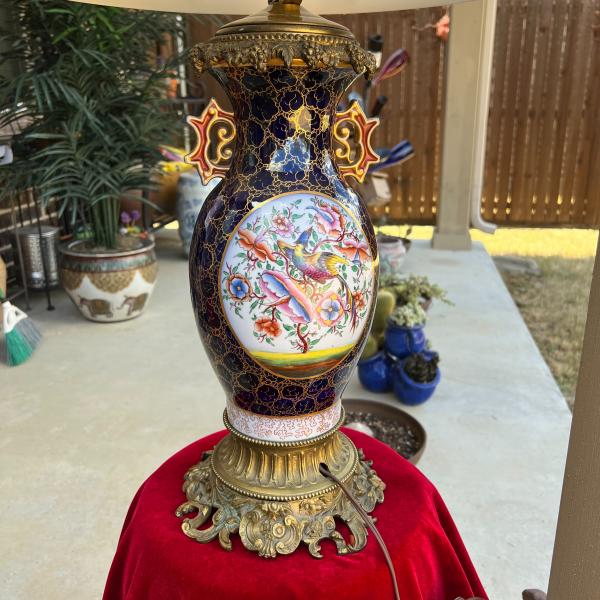 Photo of Porcelain Asian Lamp with Ornate Metal Stand