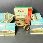 LOT 59: Vintage Automotive Items - Horn, First Aid Kit, Postcards & More