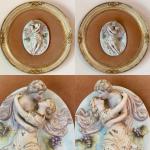 Pair of Oval Matted Porcelain Painted "Lovers" ~ Gold Antiqued Frames ~ Vintage