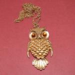 Mid Century Gold Tone Owl Necklace - Halloween Owl