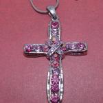Silver Tone Pink Rhinestone Pendant Cross Necklace