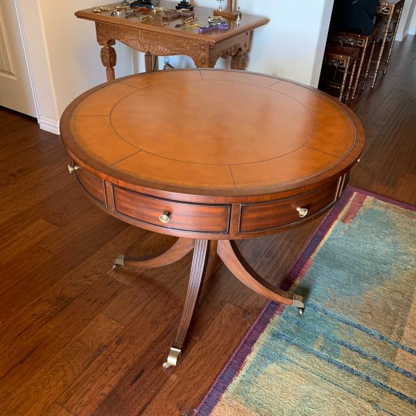 Photo of Ethan Allen Mahogany Leather Top Round Bradford Rent Drum Table