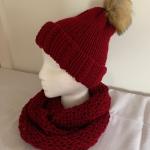 Handmade Knitted Red Winter Hat  and PomPom with Matching Infinity Scarf