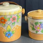 LOT 38: Vintage Lusterware Hand Painted Ice Buckets/Biscuit Jars Bamboo Handle J