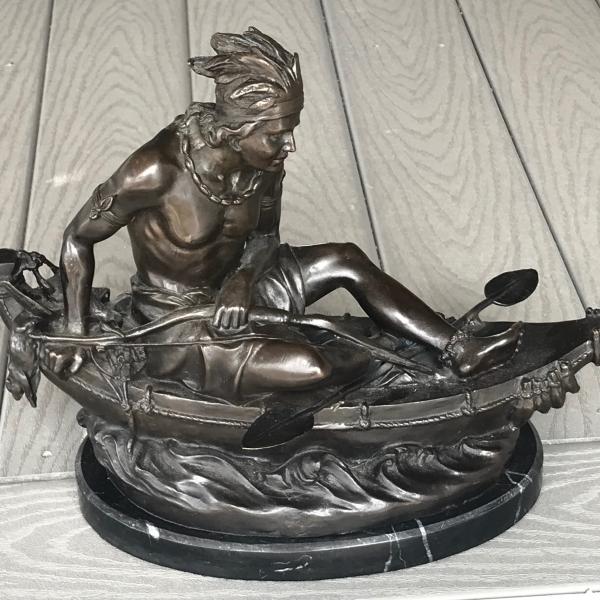 Photo of Bronze Figure on Marble Base  "Indian Brave In A Canoe" By Duchoiselle (signed)