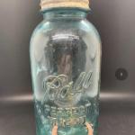 Antique BALL Jar - Tall Blue Glass Perfect Mason 4.5” wide x 9.5” high appro
