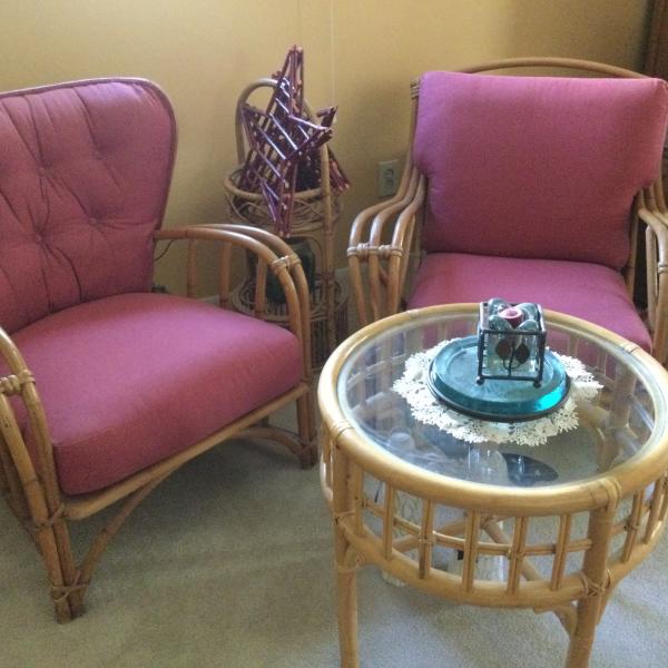 Photo of Antique cane set with two chairs, table and plant stand