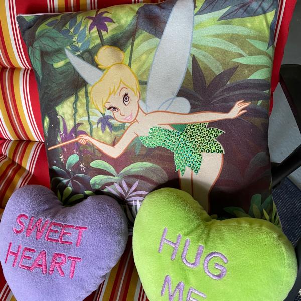 Photo of Disney Tinkerbell pillow and 2 heart pillows 