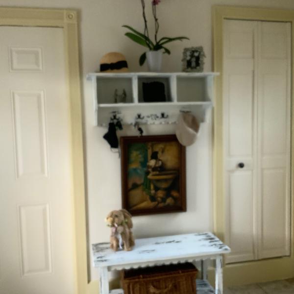 Photo of Two piece white wood hallway tree, and Victorian loveseat.