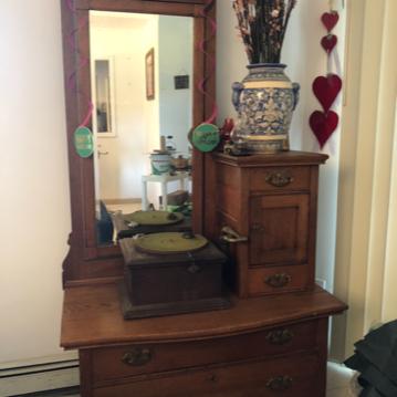 Photo of Antique Oak Mirrored Piece with Drawers and Cabinet 