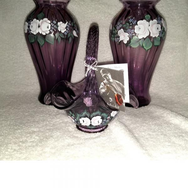 Photo of Lot of Three Vintage Fenton Handcrafted Glass Artistry Vases & Basket